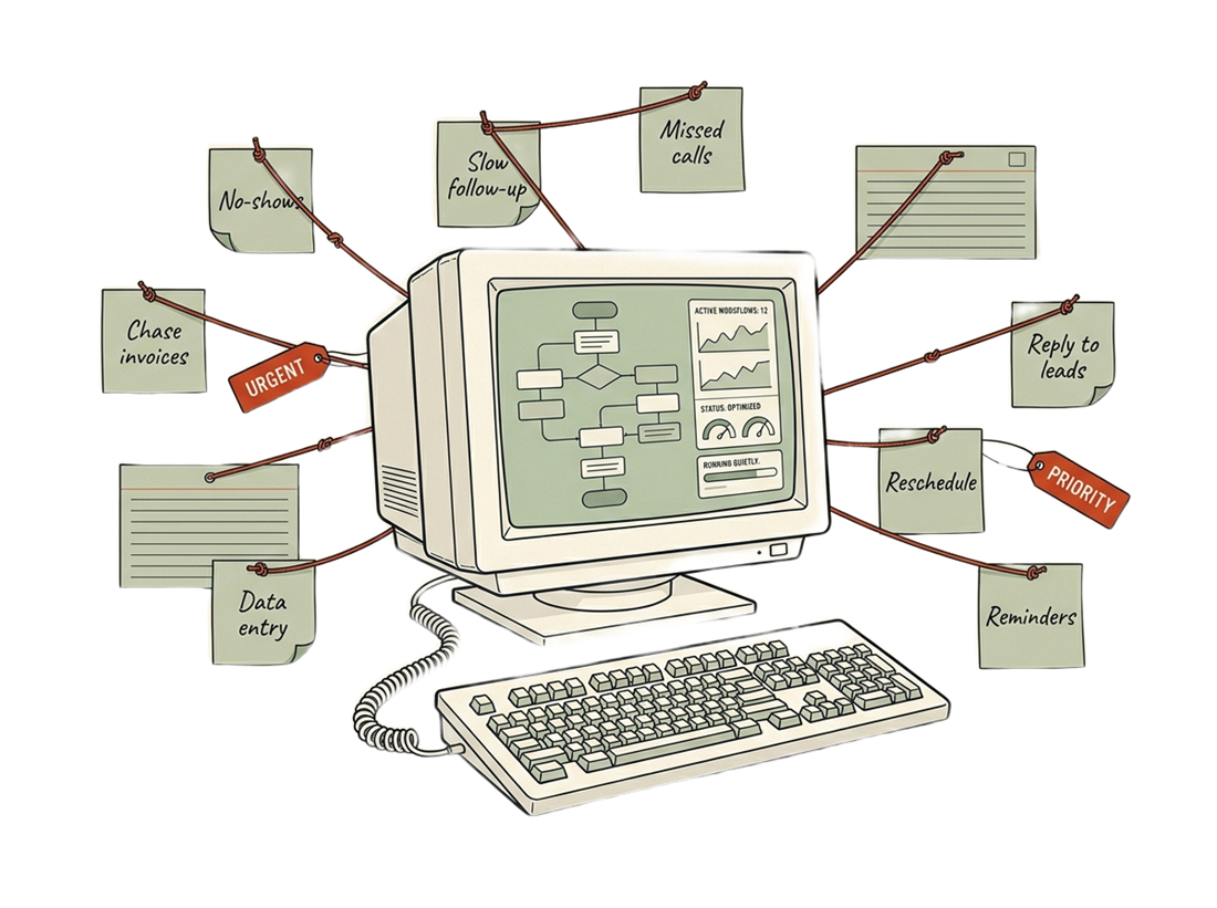 A retro computer quietly running an automation workflow, surrounded by a web of sticky notes and tags for the repetitive jobs it handles: no-shows, slow follow-up, missed calls, chasing invoices, data entry, replying to leads, reschedules and reminders.
